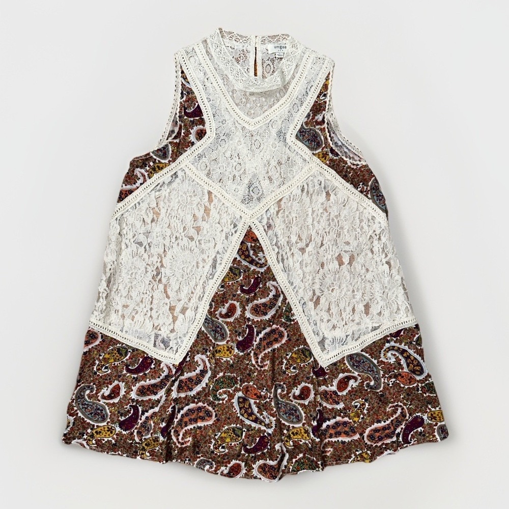 Umgee USA Crepe Sheer Lace Dainty Asymmetrical Boho Sleeveless Top, Sz Large
